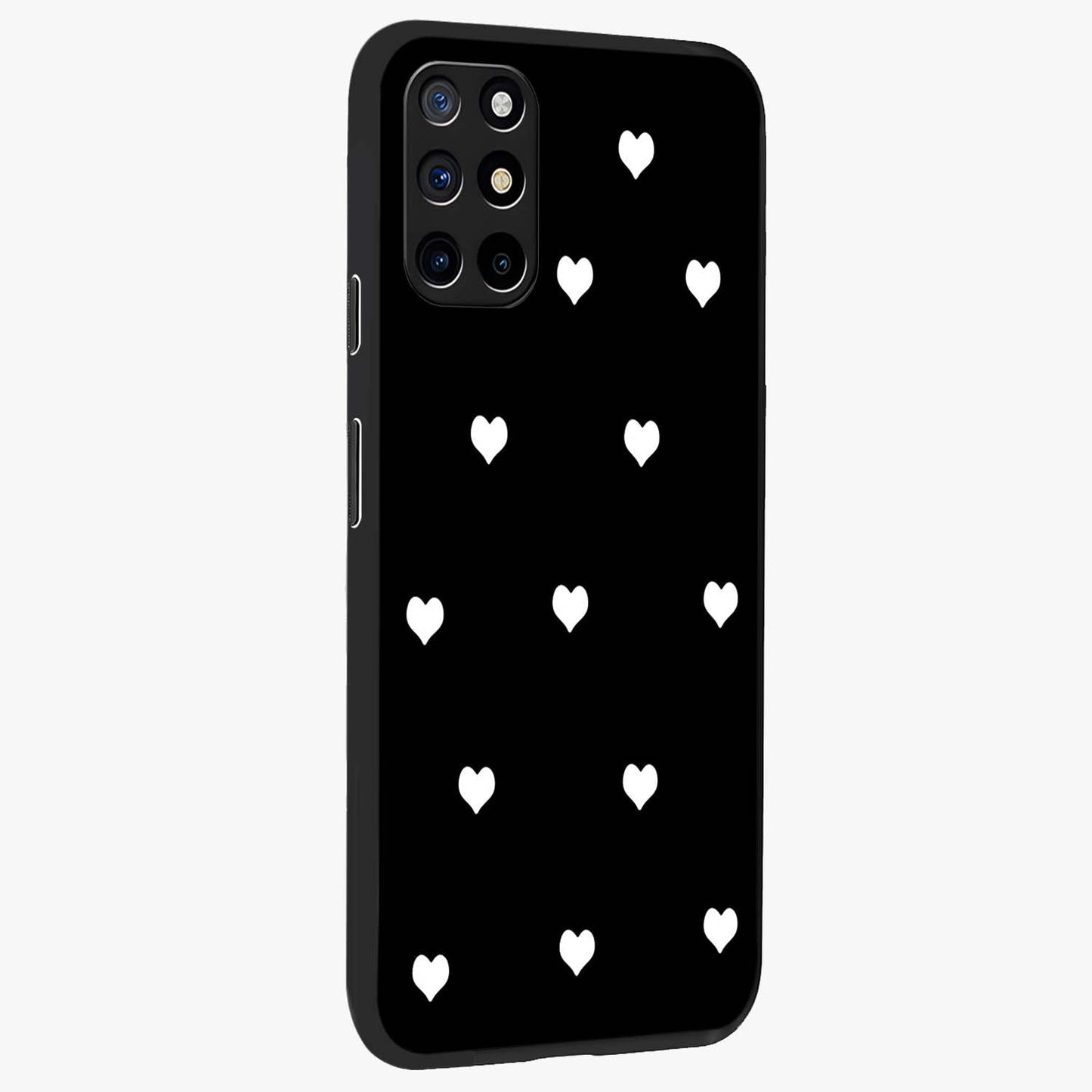 Cute And Simple White Hearts Glass Case upright view showcasing simple white hearts artwork with soft minimal theme.