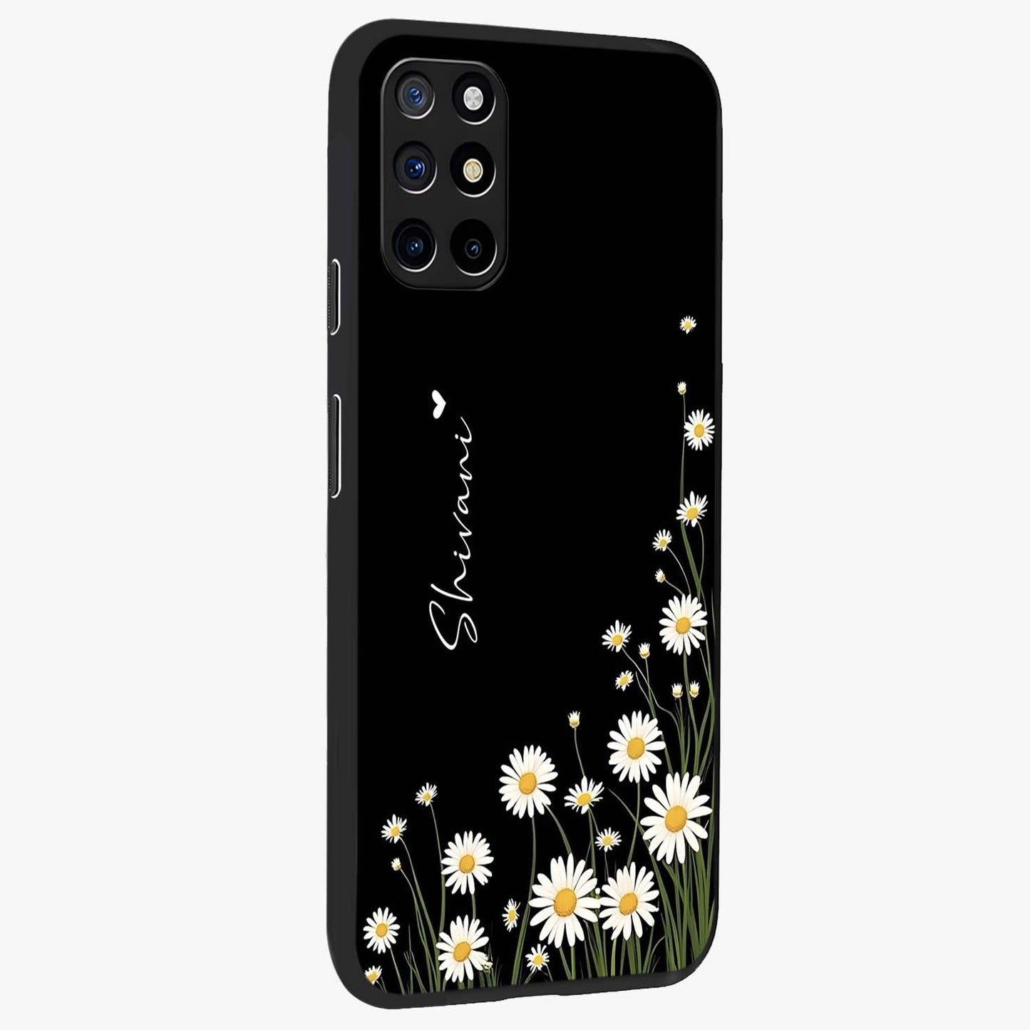 Daisy Cascade Custom Name Glass Case upright view showcasing elegant floral cascade design with personalized aesthetic.