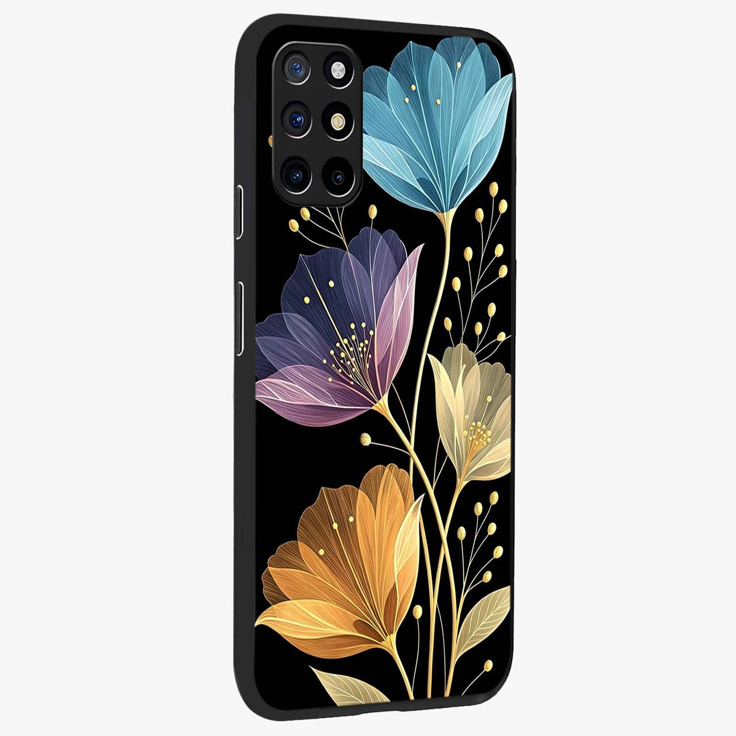 Delicate Multicolor Flowers Glass Case upright view showcasing delicate floral artwork with bright botanical theme.