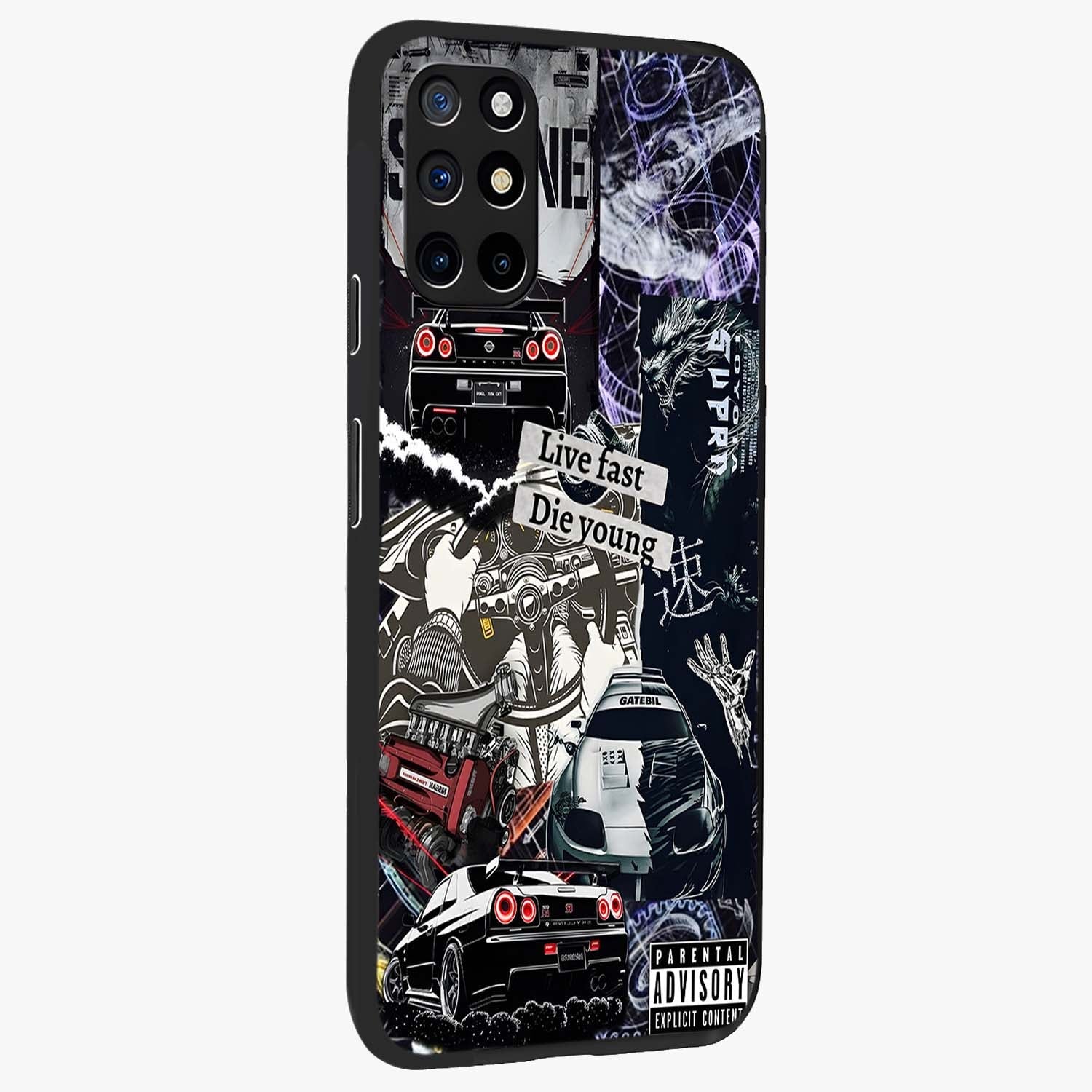 Die Young Glass Case upright view showcasing striking typography artwork with modern statement theme.