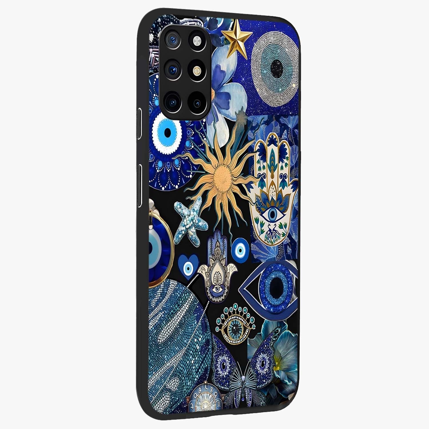 Evil Eye Charm Mix Glass Case upright view showcasing mystical evil eye pattern with vibrant decorative style.