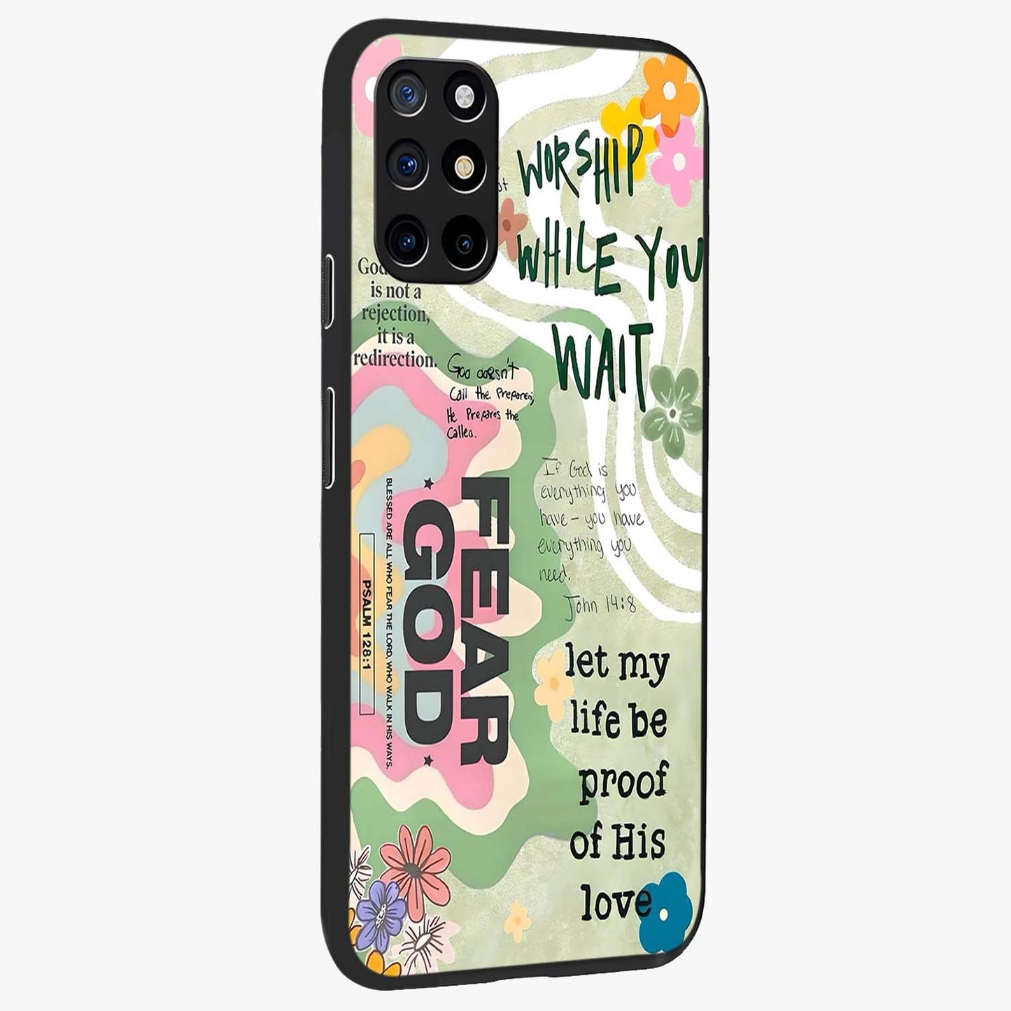 Faith Over Fear Glass Case upright view showcasing bold typography artwork with uplifting motivational theme.