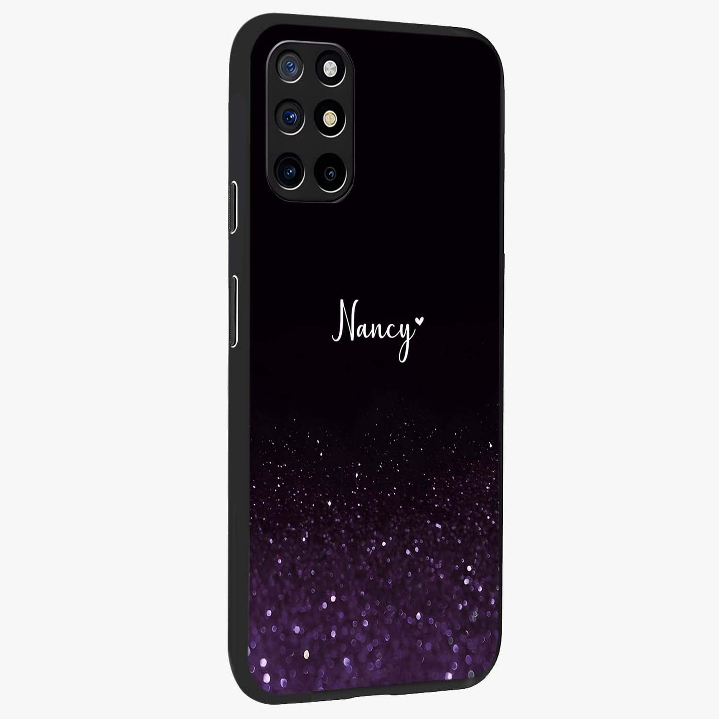 Glittery Purple Bokeh Custom Name Glass Case upright view showcasing vibrant purple sparkle artwork with personalized aesthetic style.