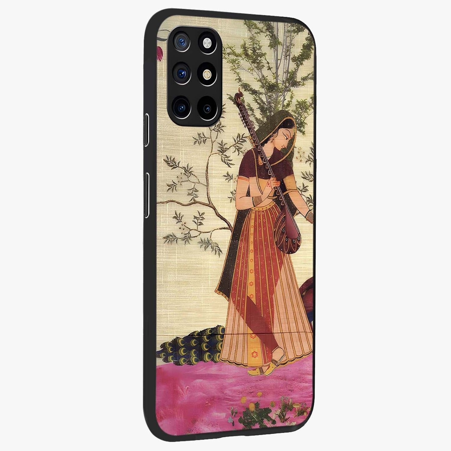 Lady With Veena Art Glass Case upright view showcasing classical veena artwork with traditional artistic theme.