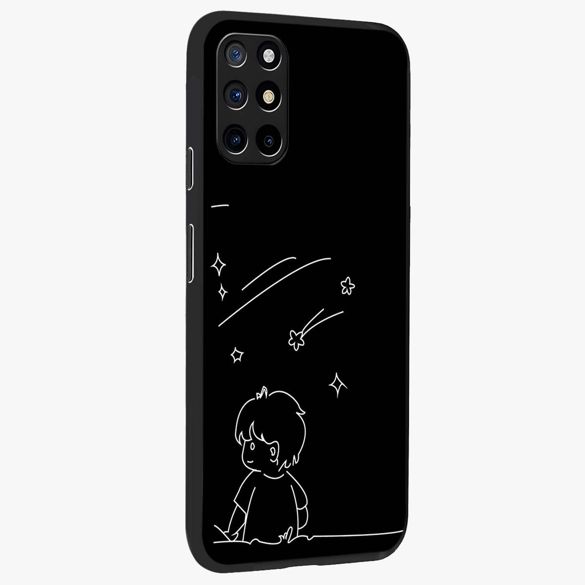 Line Art Boy With Shooting Stars Glass Case upright view showcasing artistic shooting star illustration with minimal style.