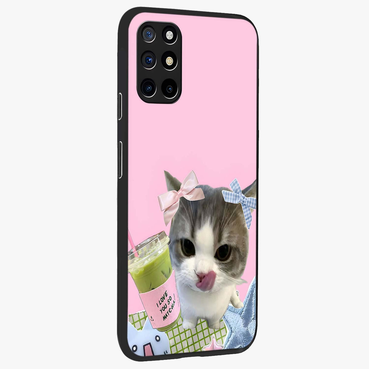 Love Matcha Cat Glass Case upright view showcasing adorable cat artwork with charming matcha themed design.