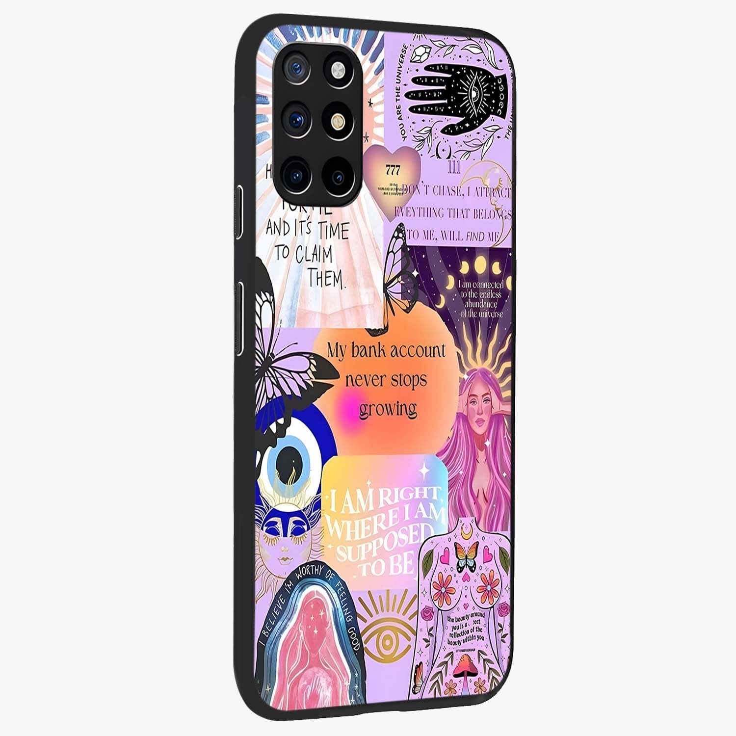 Manifestation Collage Glass Case upright view showcasing artistic manifestation themed artwork with creative style.