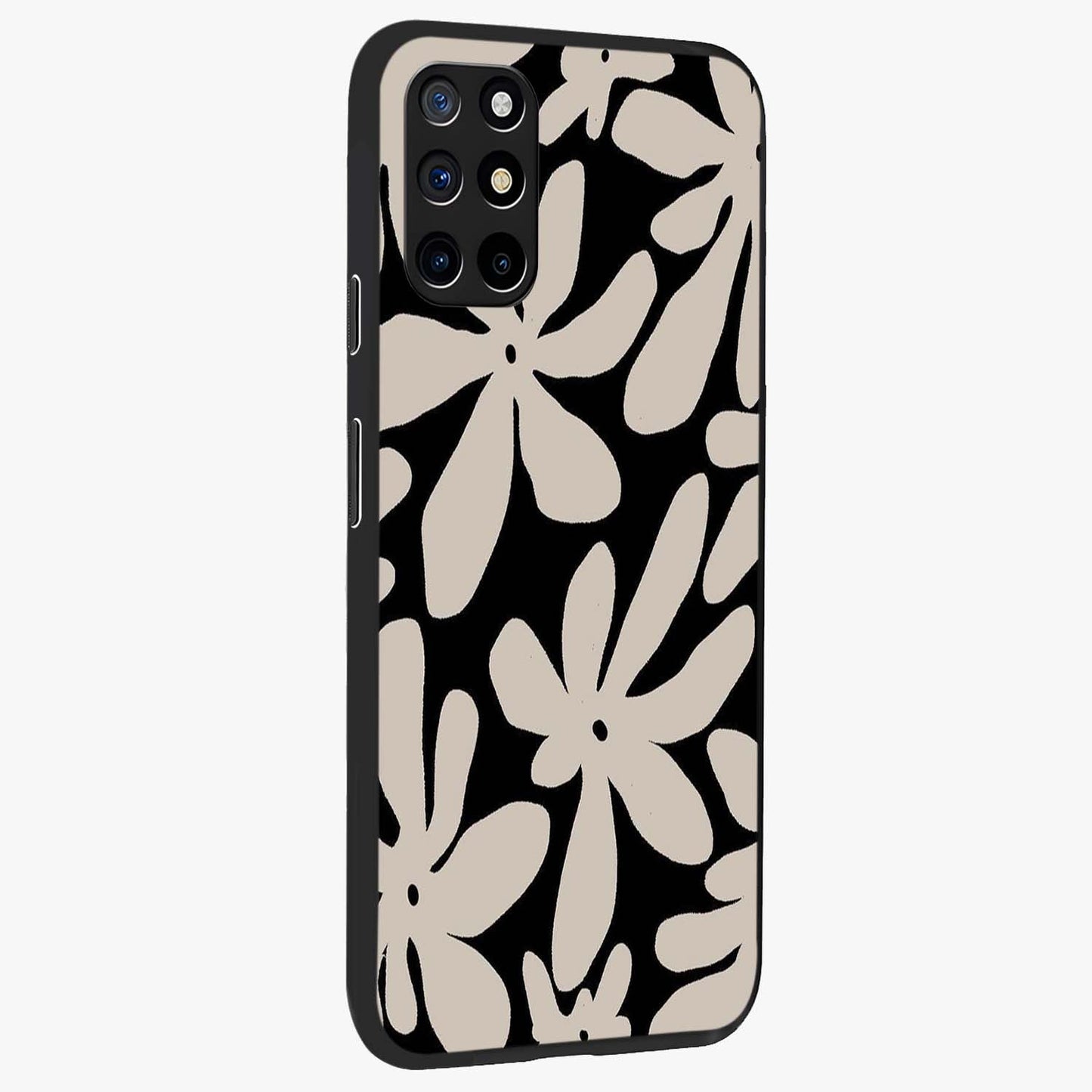 Monochrome Petal Dance Glass Case upright view showcasing artistic floral pattern with stylish monochrome theme.