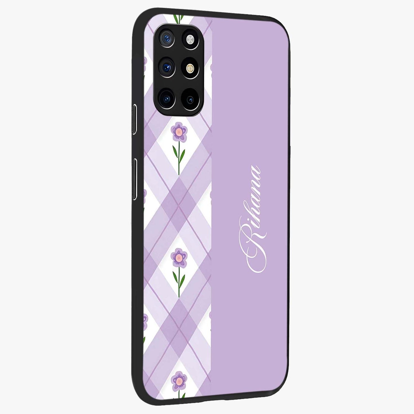 Purple Diamond Floral Glass Case upright view showcasing vibrant floral artwork with stylish geometric theme.
