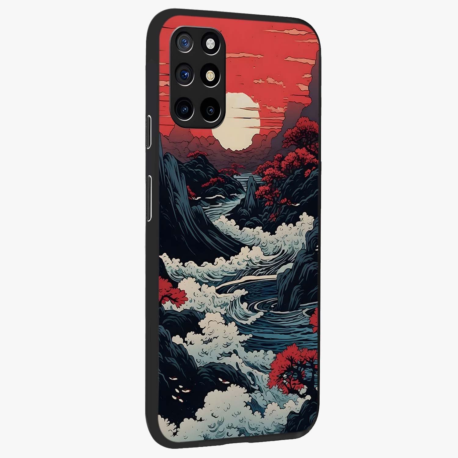 Red Sunset Scenery Glass Case upright view showcasing dramatic sunset scenery artwork with warm nature theme.