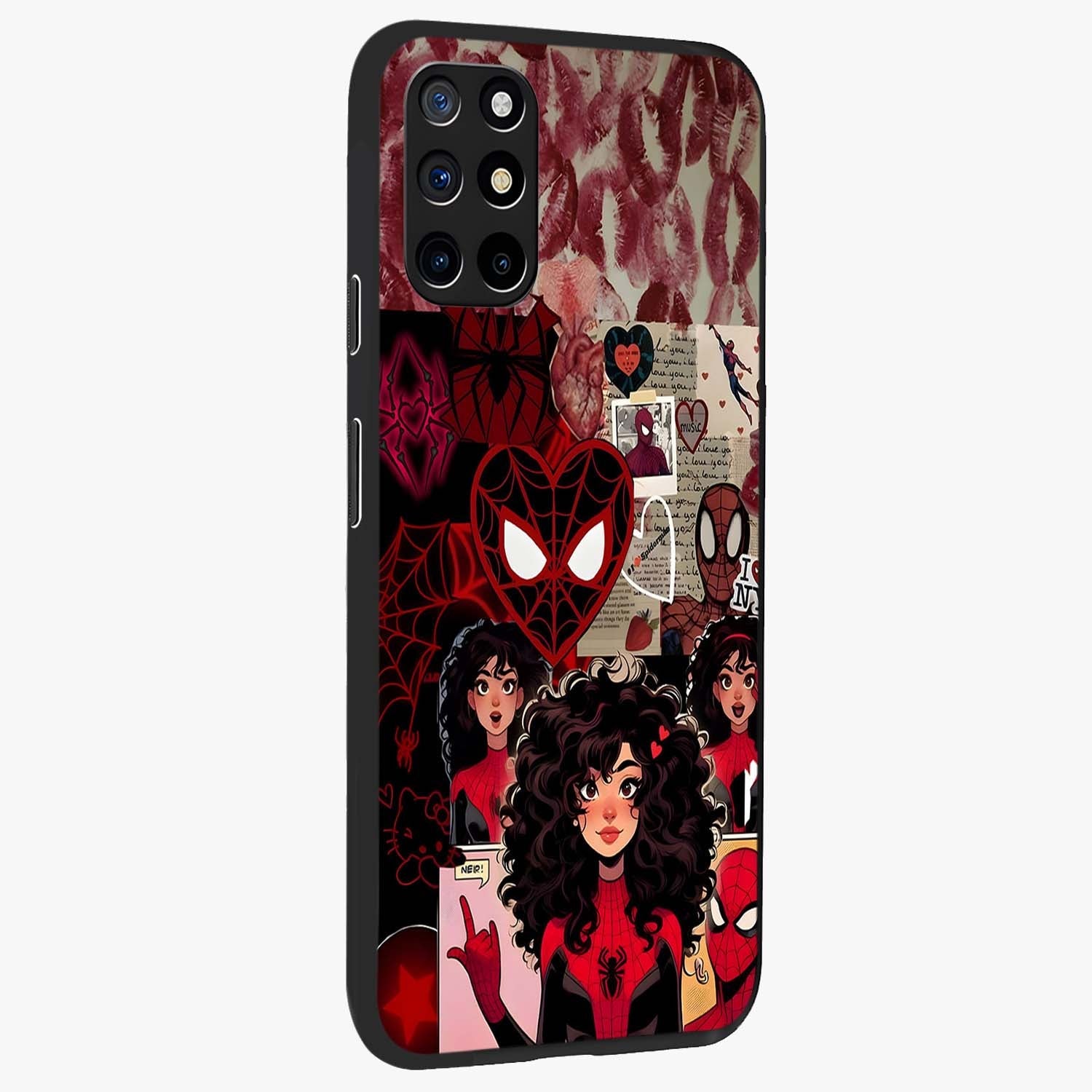Spider Love Story Glass Case upright view showcasing charming superhero artwork with romantic comic theme.