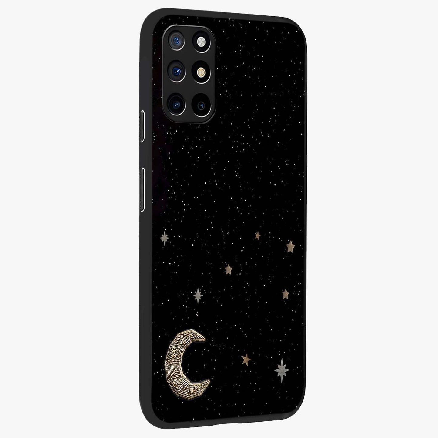 Twinkle Star With Half Moon Glass Case upright view showcasing glowing cosmic artwork with dreamy night theme.