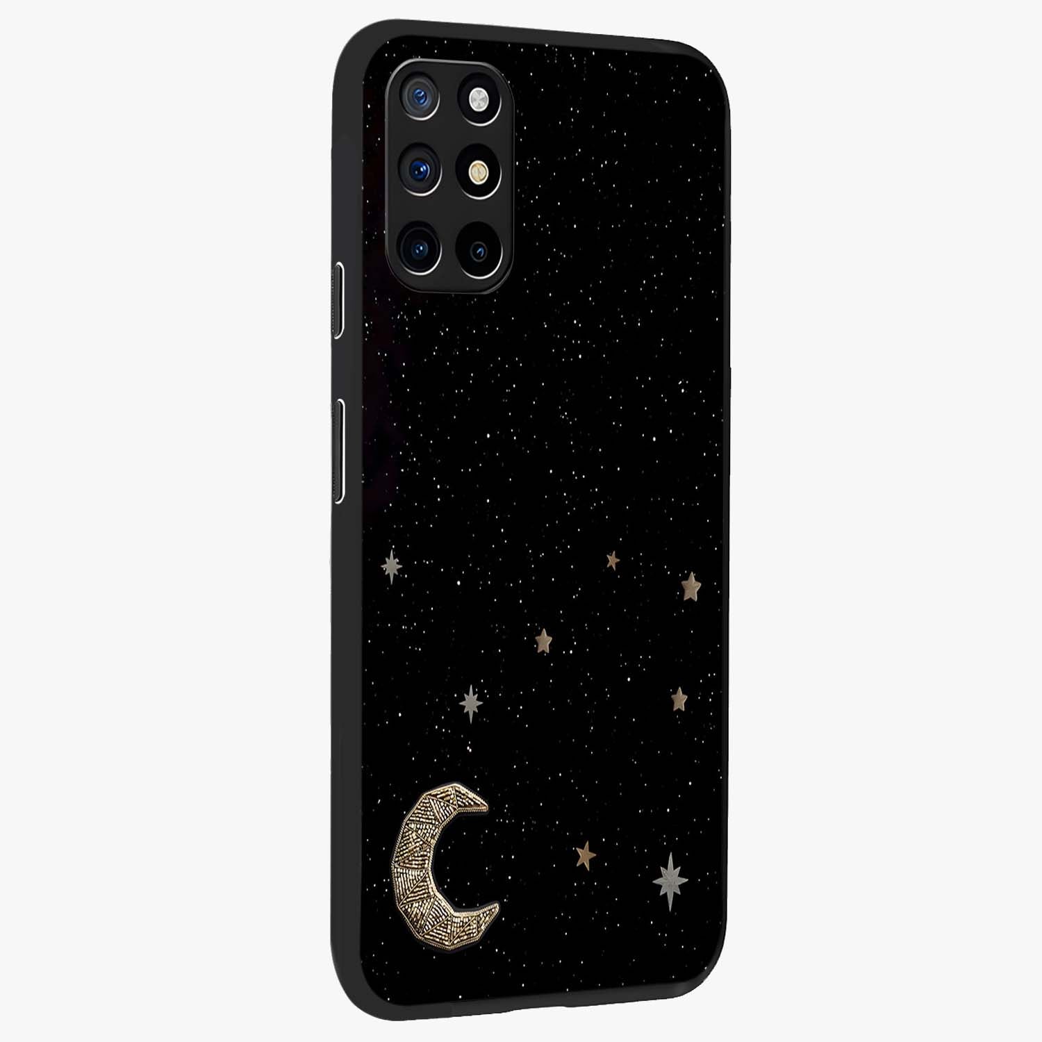 Twinkle Star With Half Moon Glass Case upright view showcasing glowing cosmic artwork with dreamy night theme.