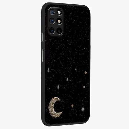 Twinkle Star With Half Moon Glass Case upright view showcasing glowing cosmic artwork with dreamy night theme.