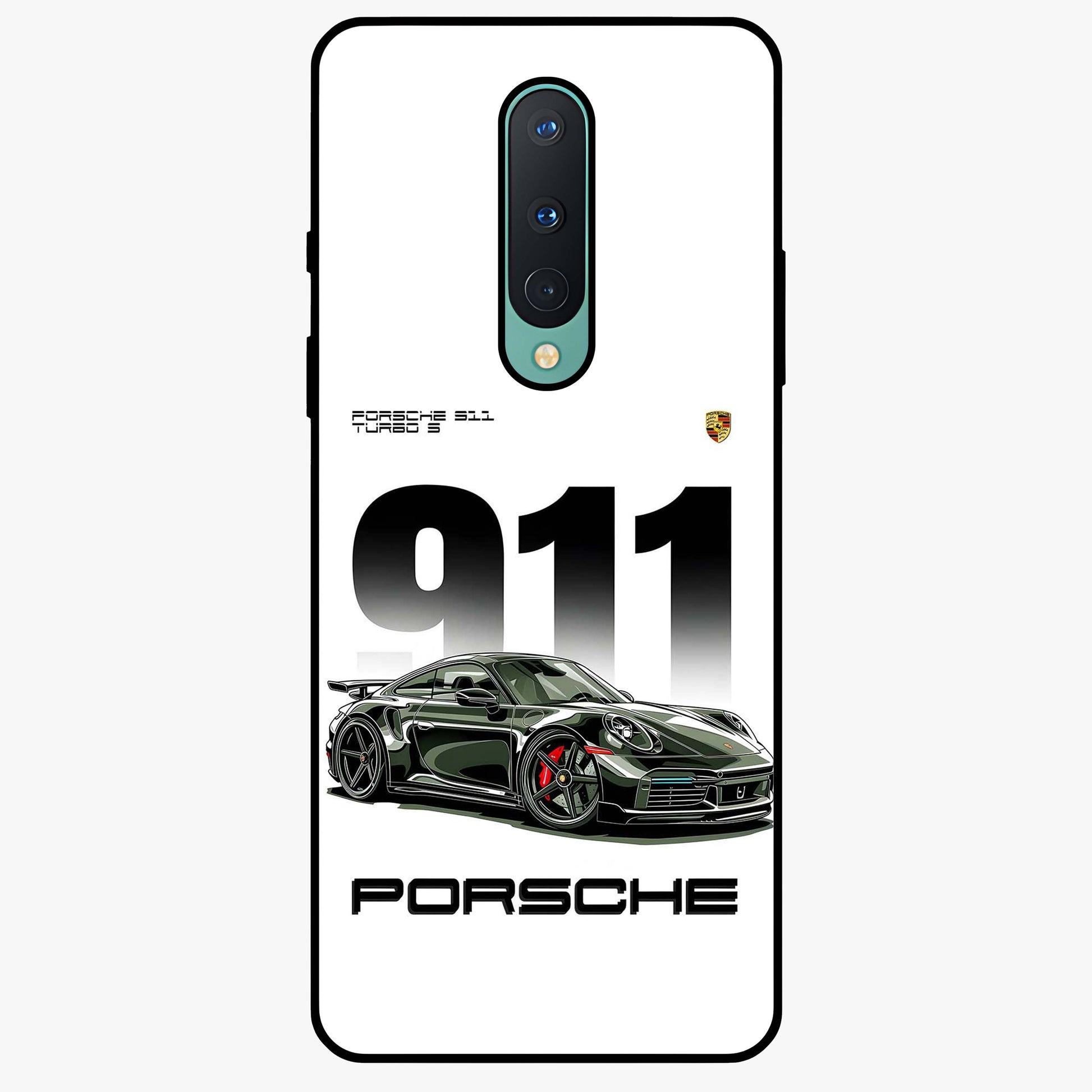 911 Turbo Dominance Glass Case showing clean flat back view with bold 911 sports car artwork and glossy glass finish.