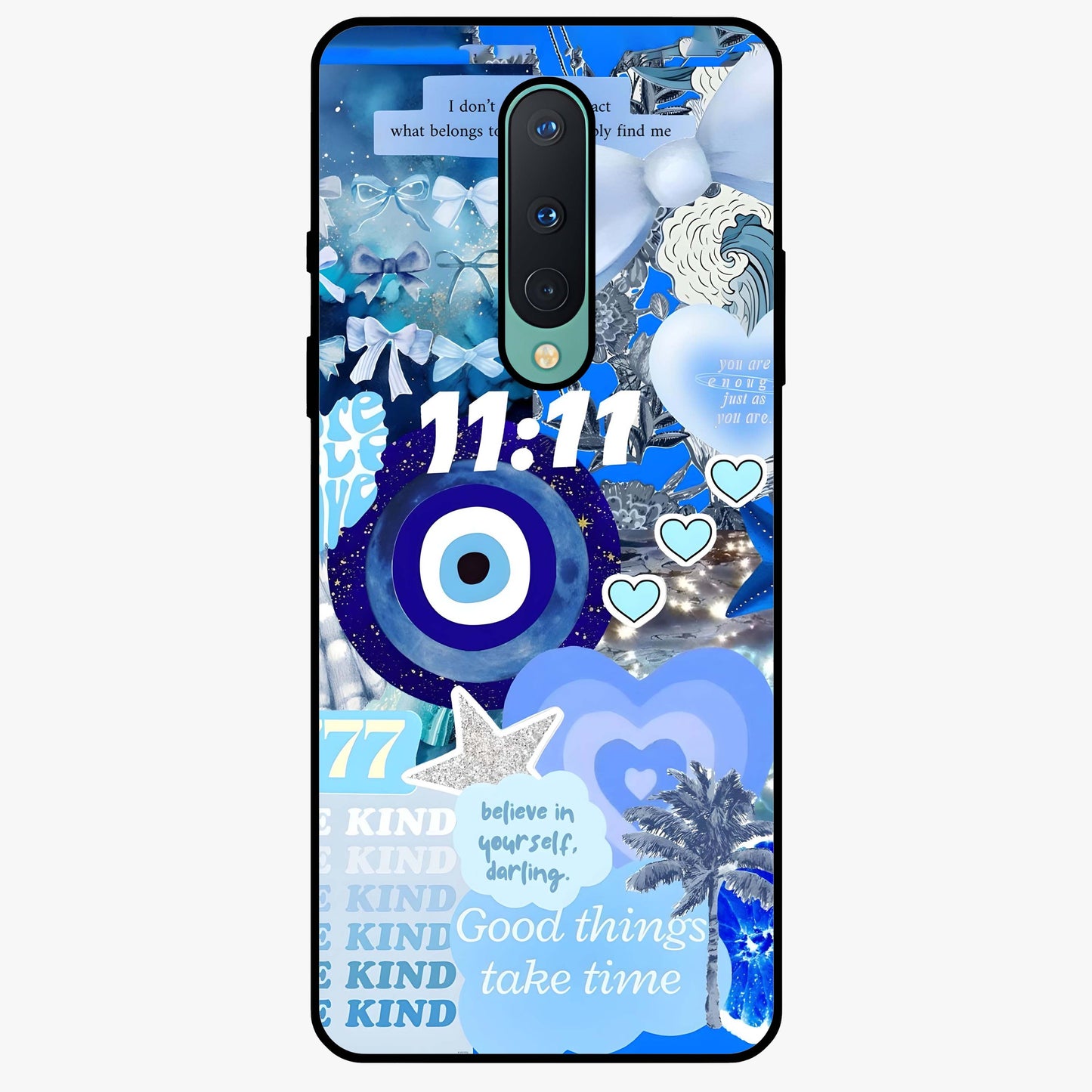 Aesthetic Be Kind Eye Glass Case showing flat back view with motivational eye artwork and glossy glass finish.