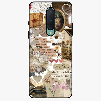 Aesthetic Brown Vintage Collage Glass Case showing flat back view with retro collage artwork and glossy glass finish.