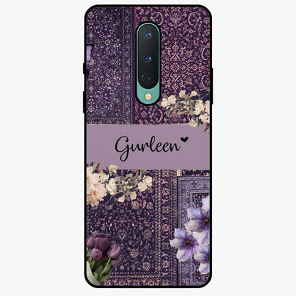 Antique Floral Whisper Custom Name Glass Case showing flat back view with vintage floral artwork and personalized name design.