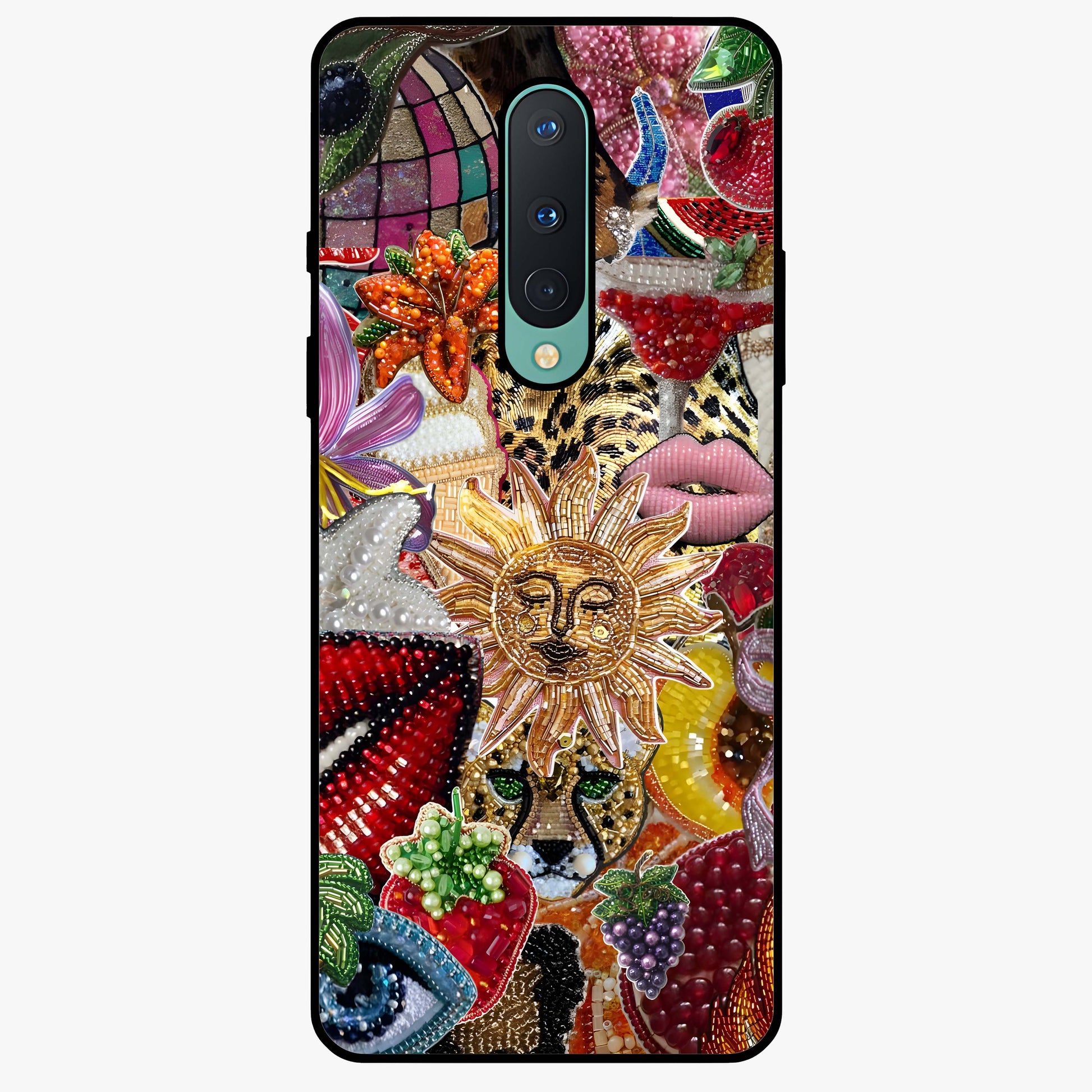 Beaded Fashion Jungle Glass Case showing flat back view with vibrant jungle inspired bead artwork and glossy glass finish.