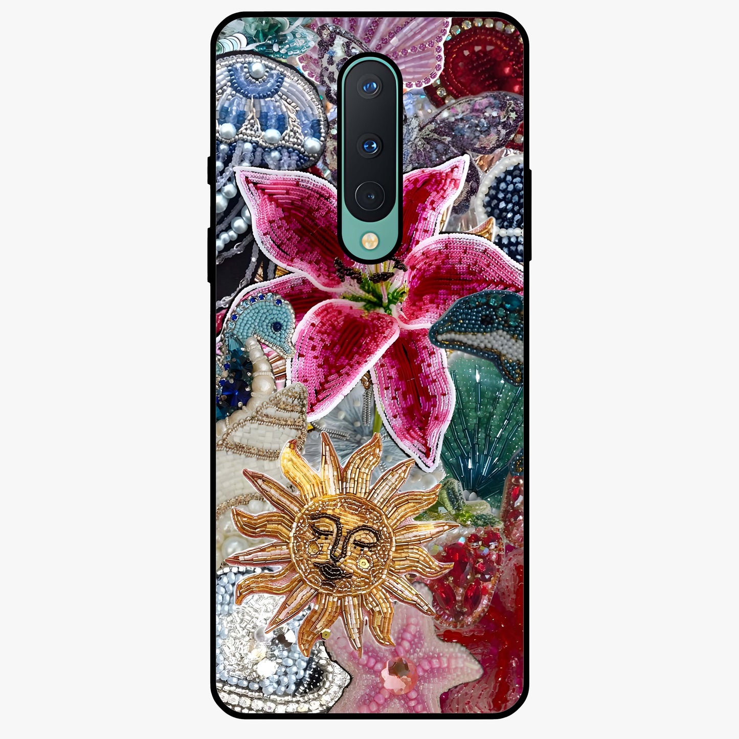 Beaded Garden Fantasy Glass Case showing flat back view with dreamy garden bead artwork and glossy glass finish.