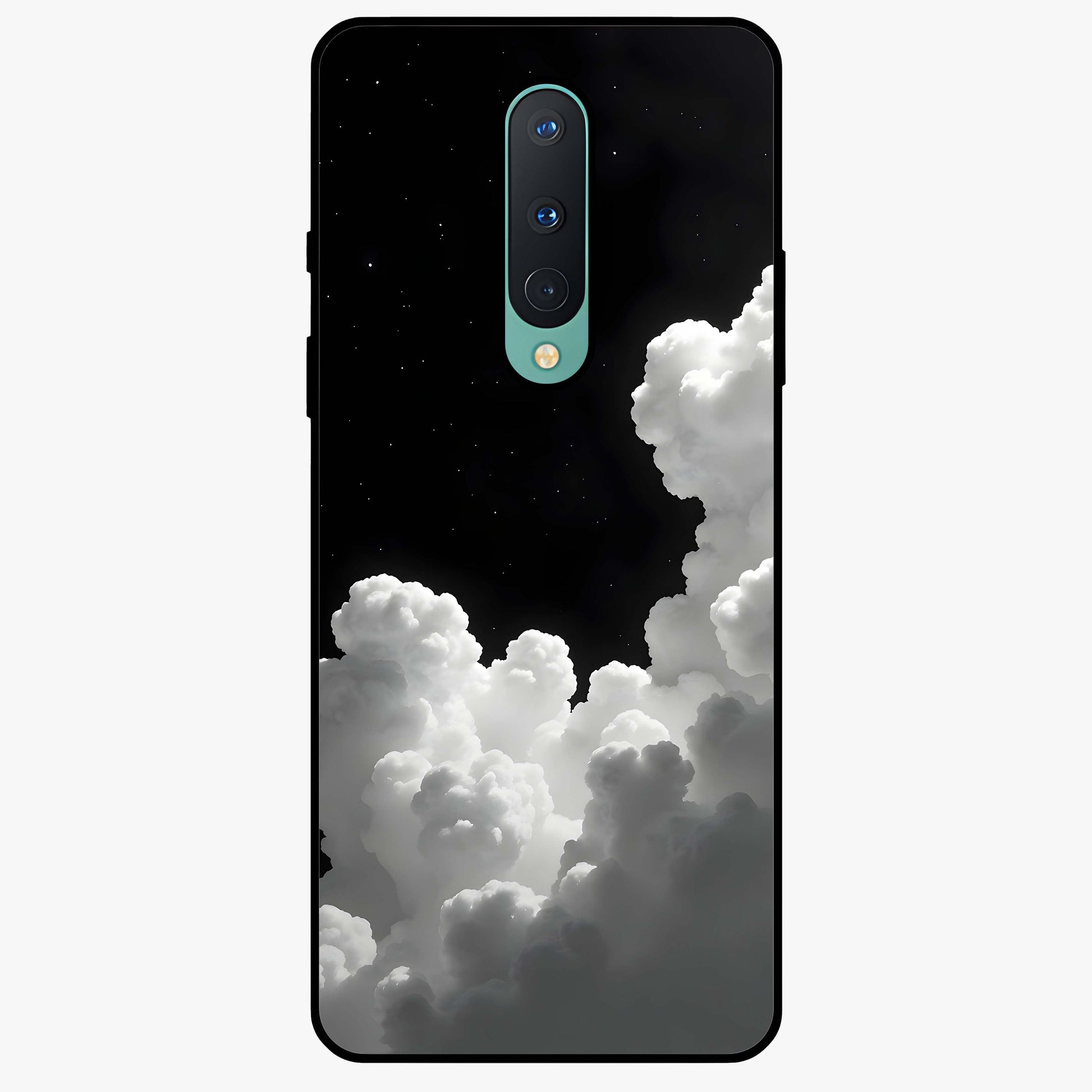 Black Background With White Cloud Glass Case showing flat back view with minimal cloud artwork on dark background and glossy glass finish.
