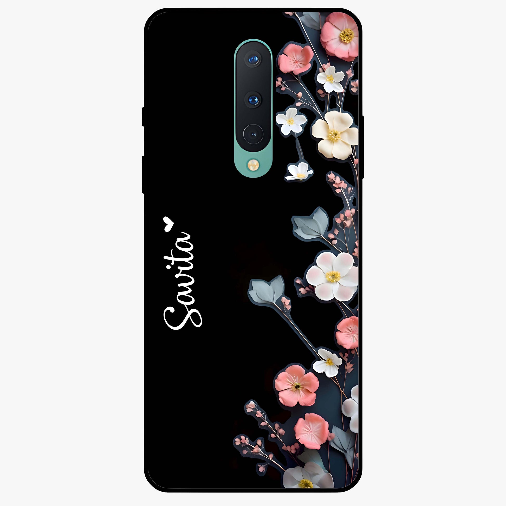 Black Elegance Floral Custom Name Glass Case showing flat back view with elegant floral artwork and personalized name design.