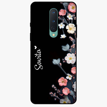 Black Elegance Floral Custom Name Glass Case showing flat back view with elegant floral artwork and personalized name design.