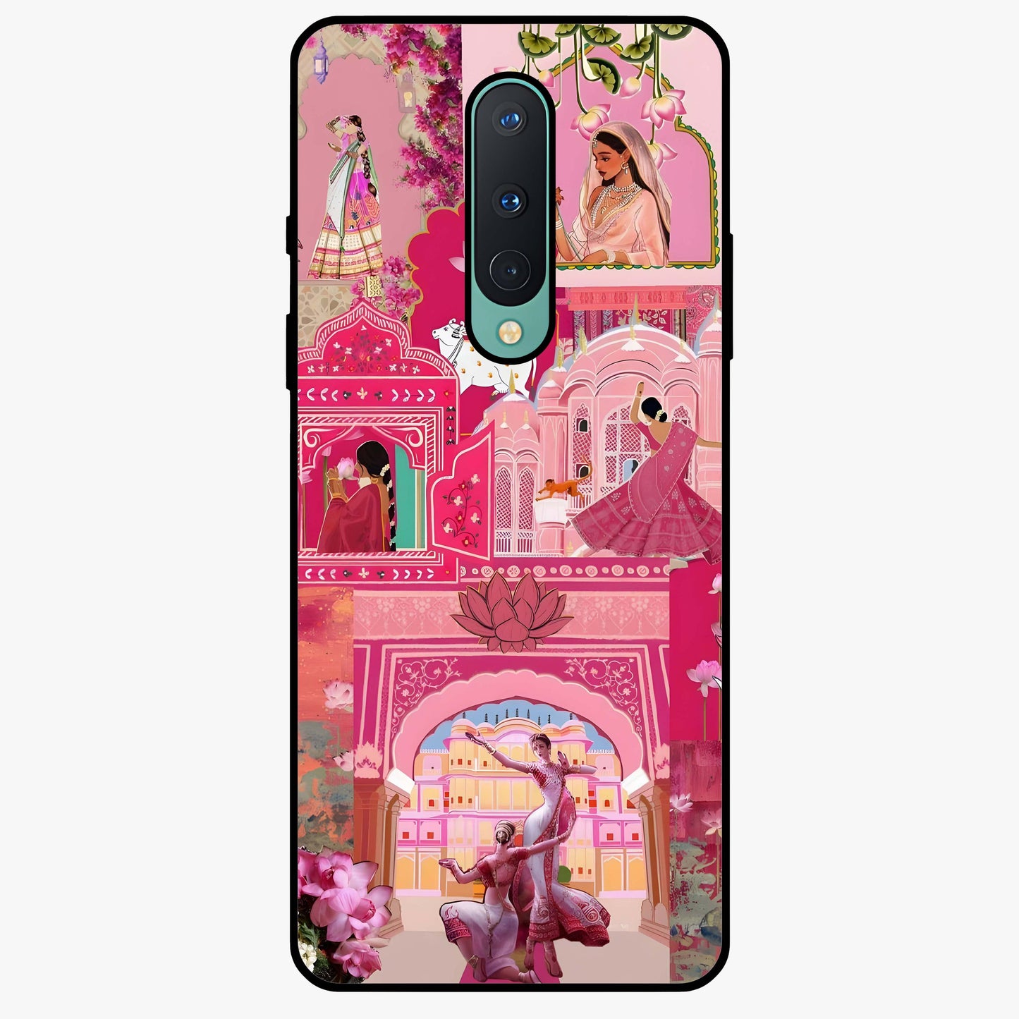 Blossoms of Rajasthan Glass Case showing flat back view with traditional floral artwork inspired by Rajasthan and glossy glass finish.