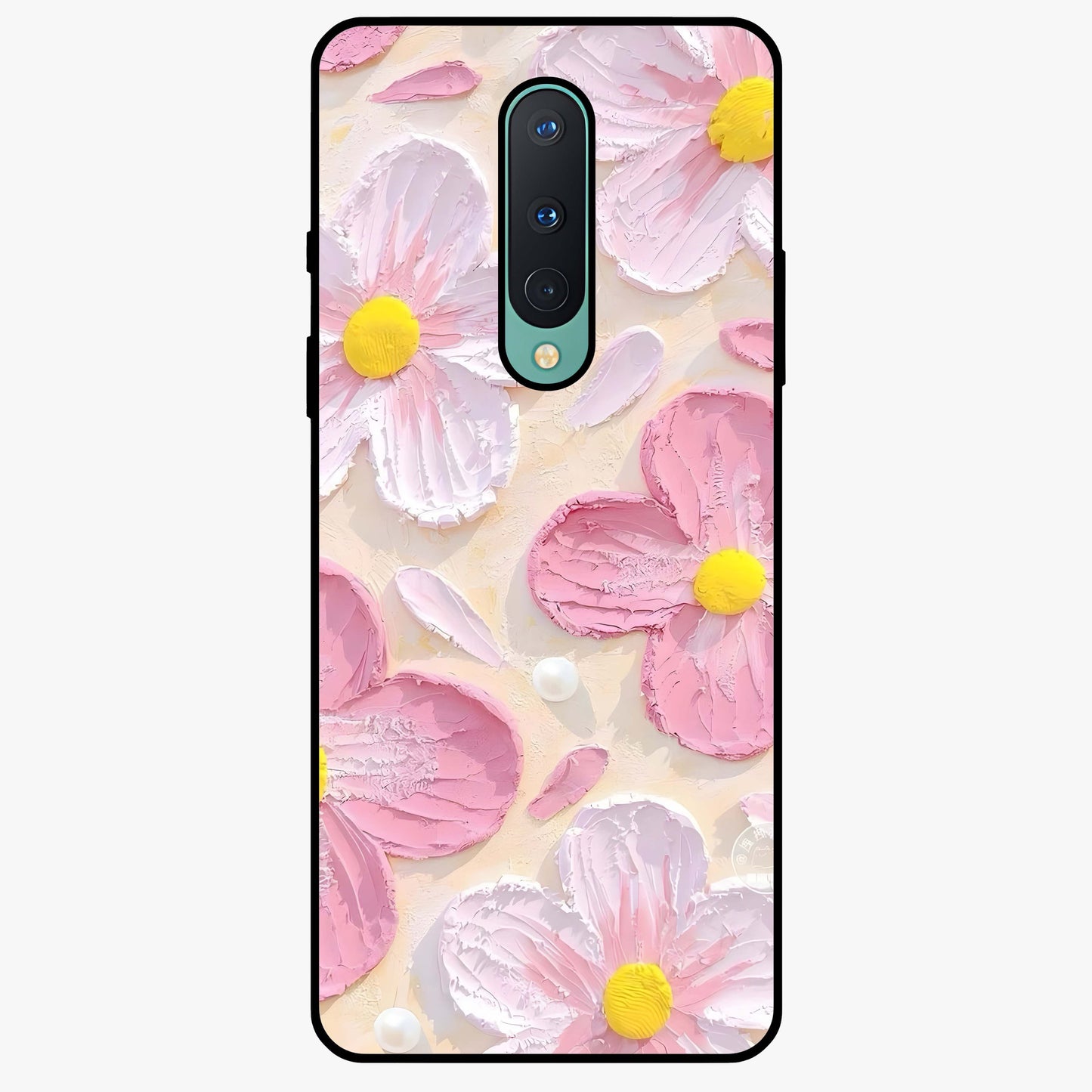 Blush Bloom Texture Glass Case showing flat back view with soft blush floral texture artwork and glossy glass finish.
