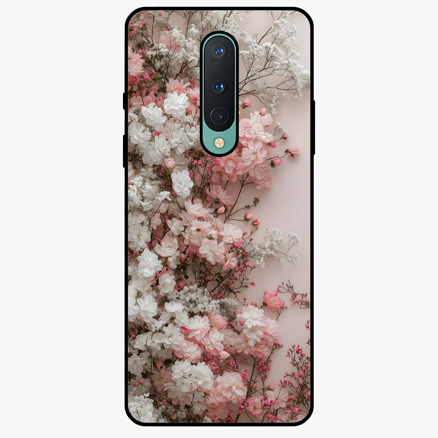 Blush Blossom Cloud Glass Case showing flat back view with dreamy blush cloud blossom artwork and glossy glass finish.