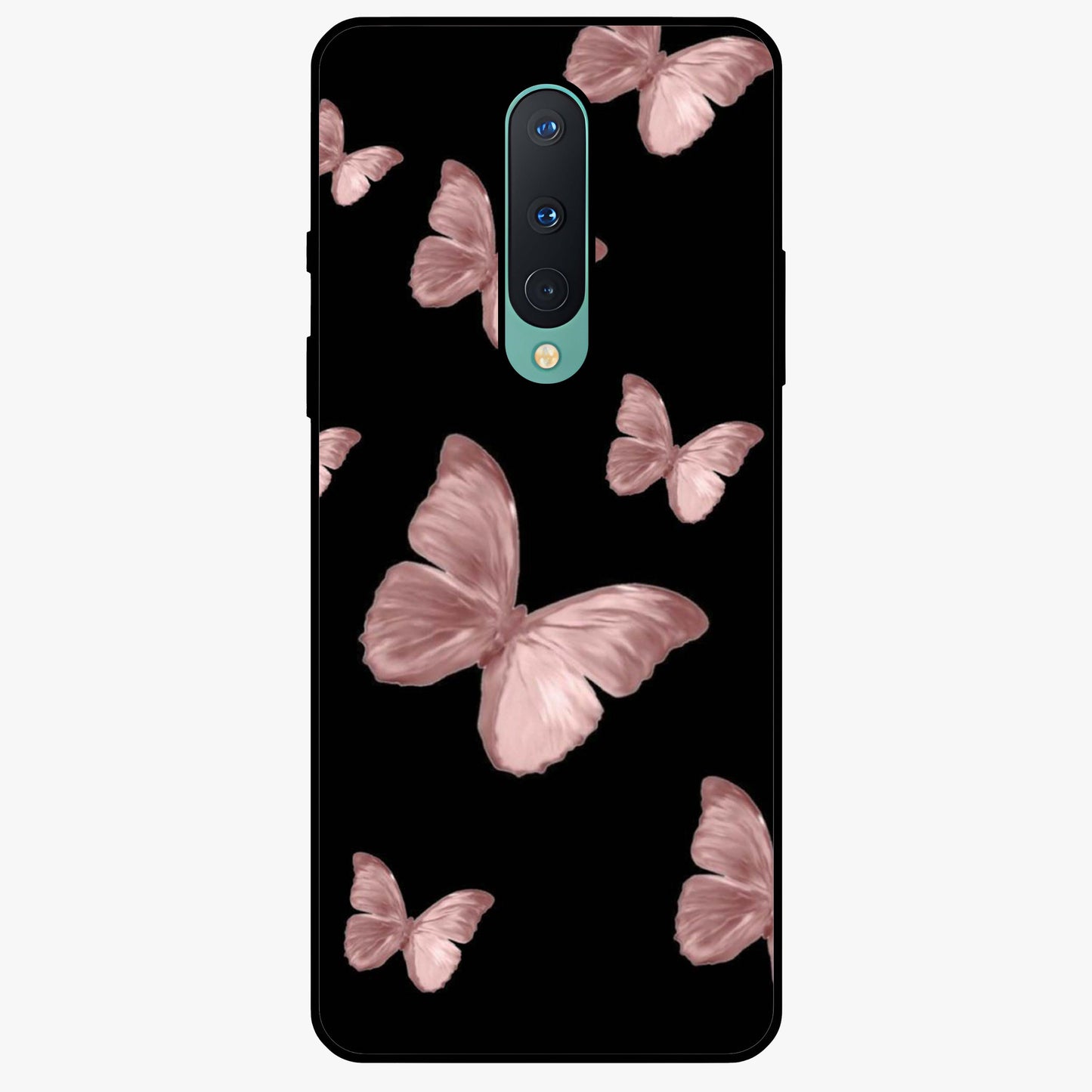 Butterfly Pattern Glass Case showing flat back view with elegant butterfly pattern artwork and glossy glass finish.