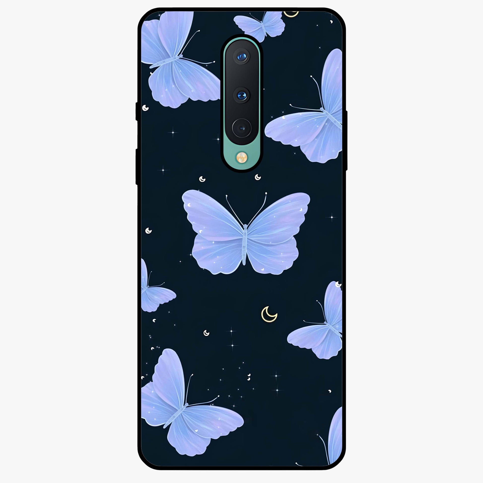 Butterfly With Stars Pattern Glass Case showing flat back view with butterfly and star pattern artwork and glossy glass finish.
