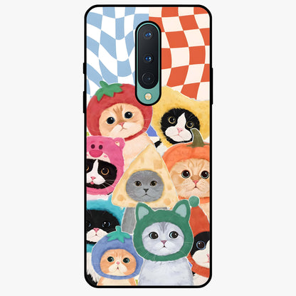 Cats in Fruits Glass Case showing flat back view with playful cat illustrations inside fruit artwork and glossy glass finish.