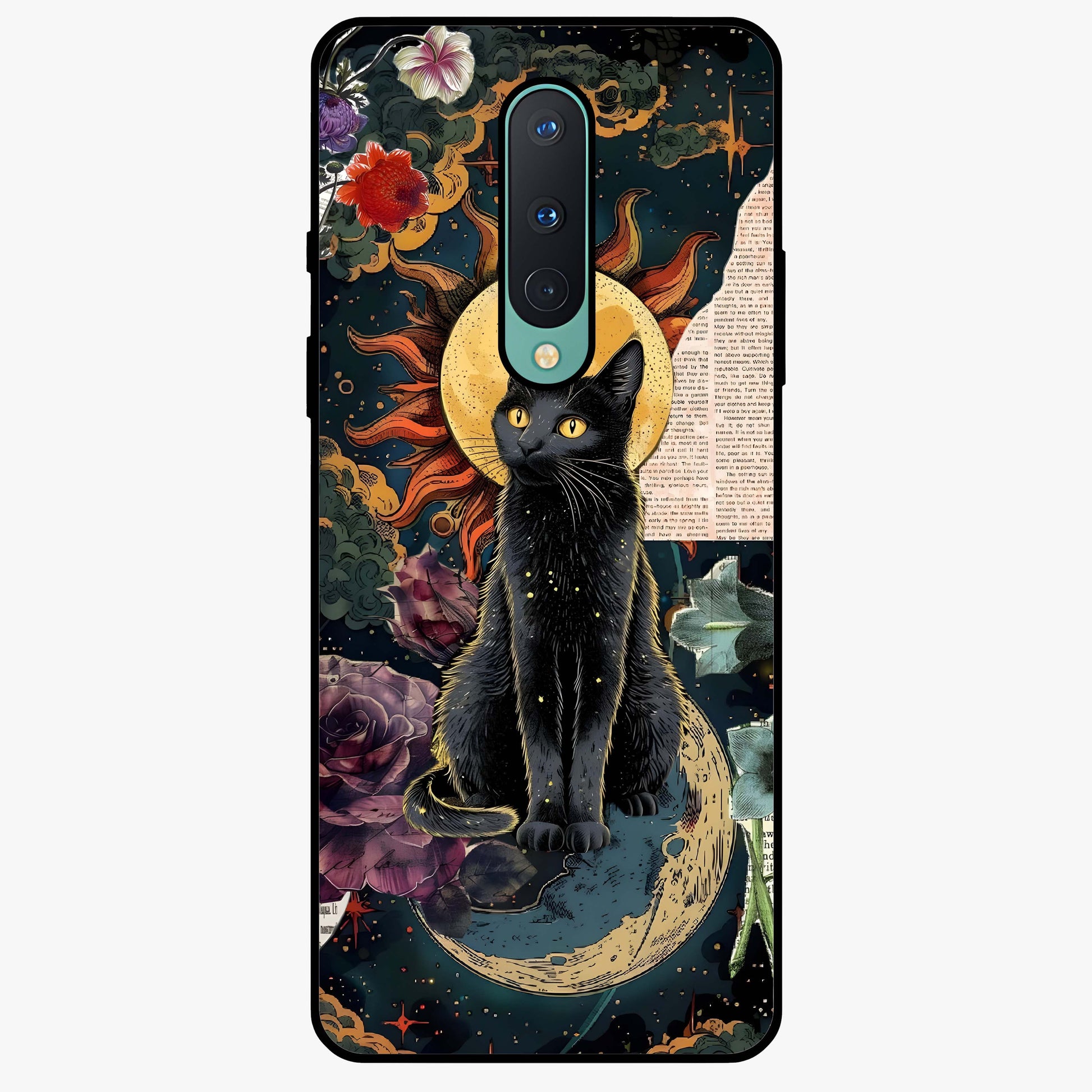Celestial Black Cat Glass Case showing flat back view with mystical black cat artwork and glossy glass finish.