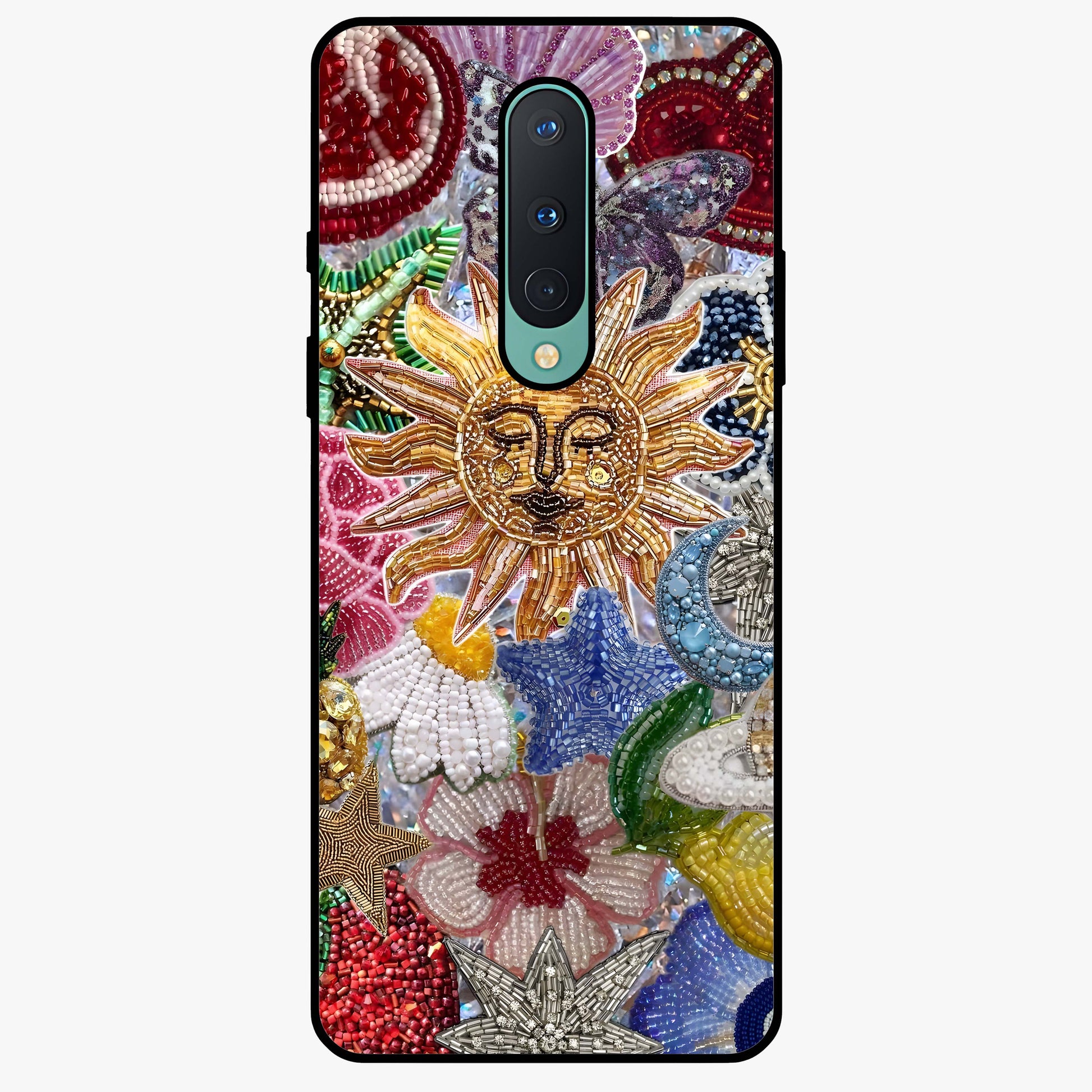 Celestial Floral and Playful Glass Case showing flat back view with floral and celestial themed artwork and glossy glass finish.
