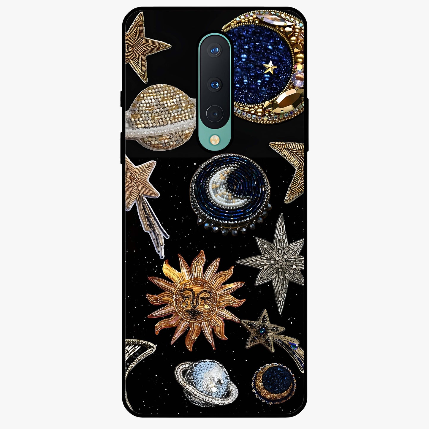 Celestial Gem Constellations Glass Case showing flat back view with sparkling constellation artwork and glossy glass finish.