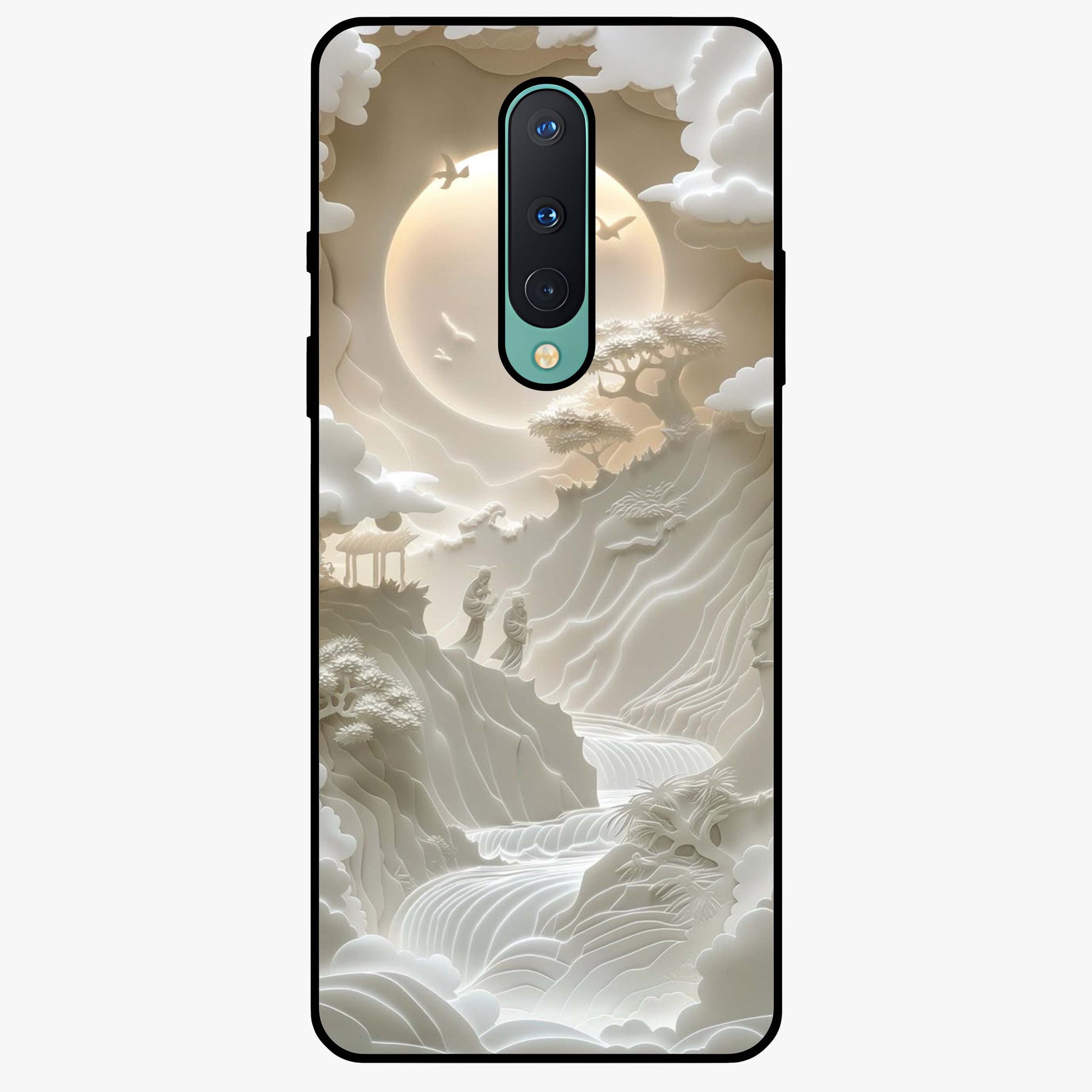 Celestial Origami Glass Case showing flat back view with artistic origami inspired celestial artwork and glossy glass finish.