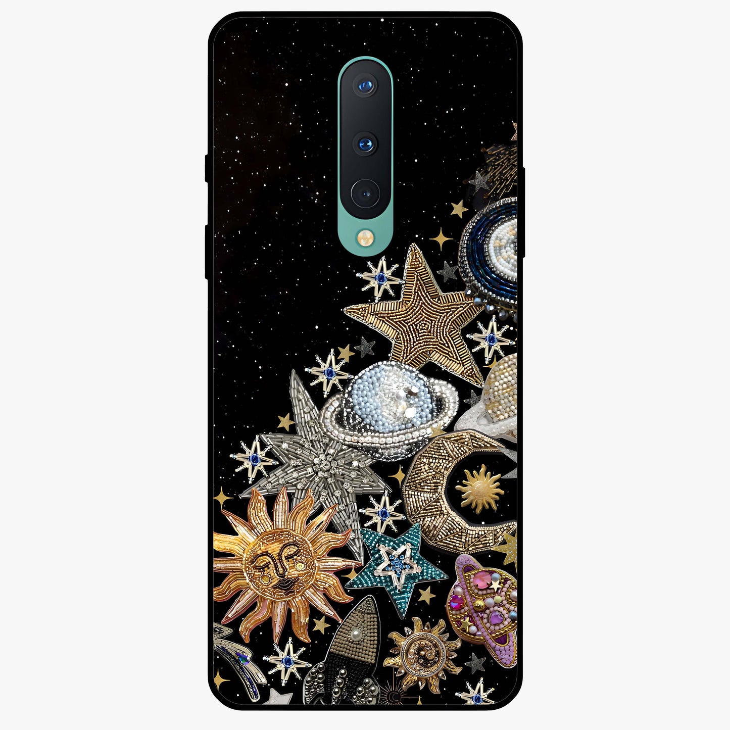 Cosmic Sparkle Dreams Glass Case showing flat back view with sparkling cosmic artwork and glossy glass finish.