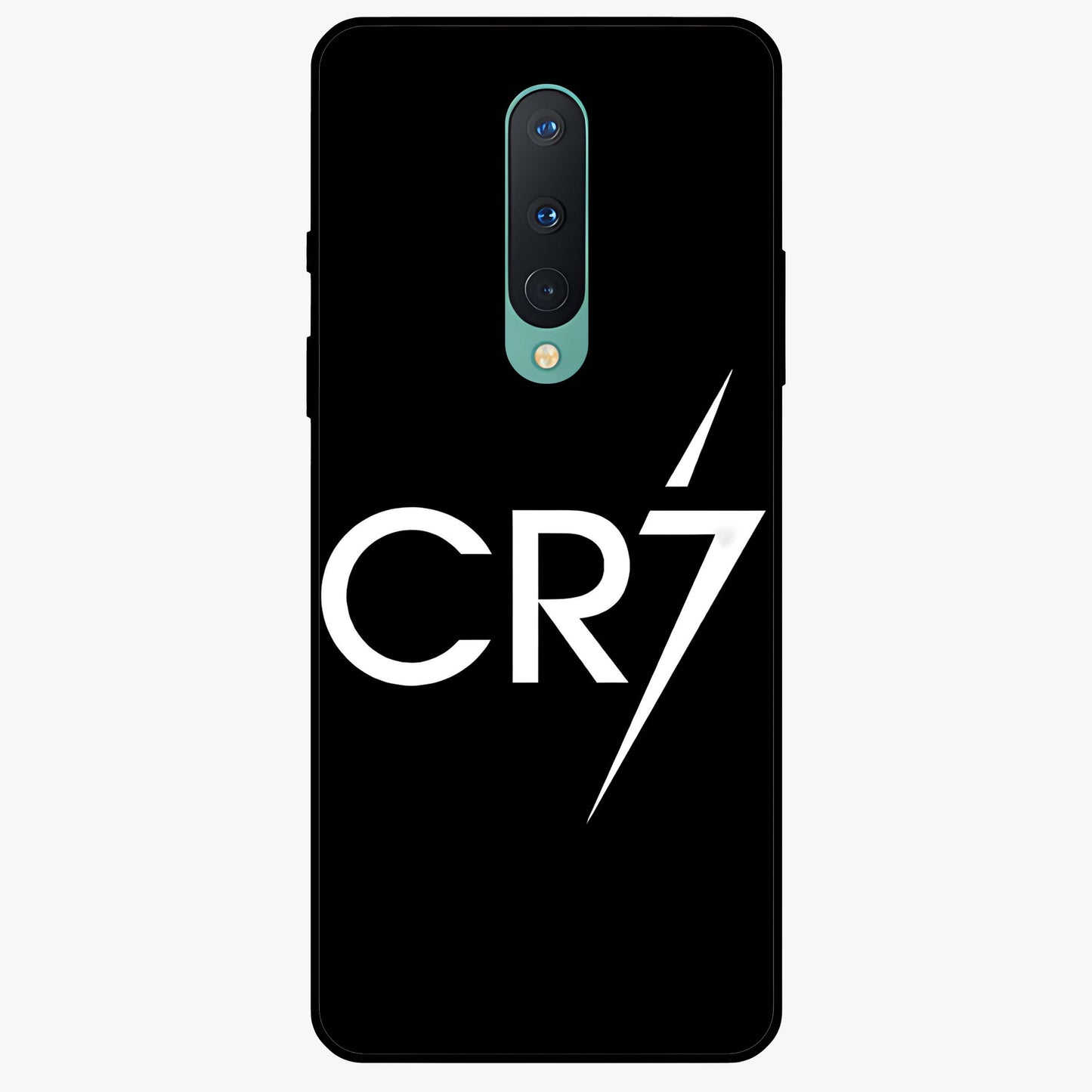 Cr7 Elite Strike Glass Case showing flat back view with dynamic football inspired artwork and glossy glass finish.
