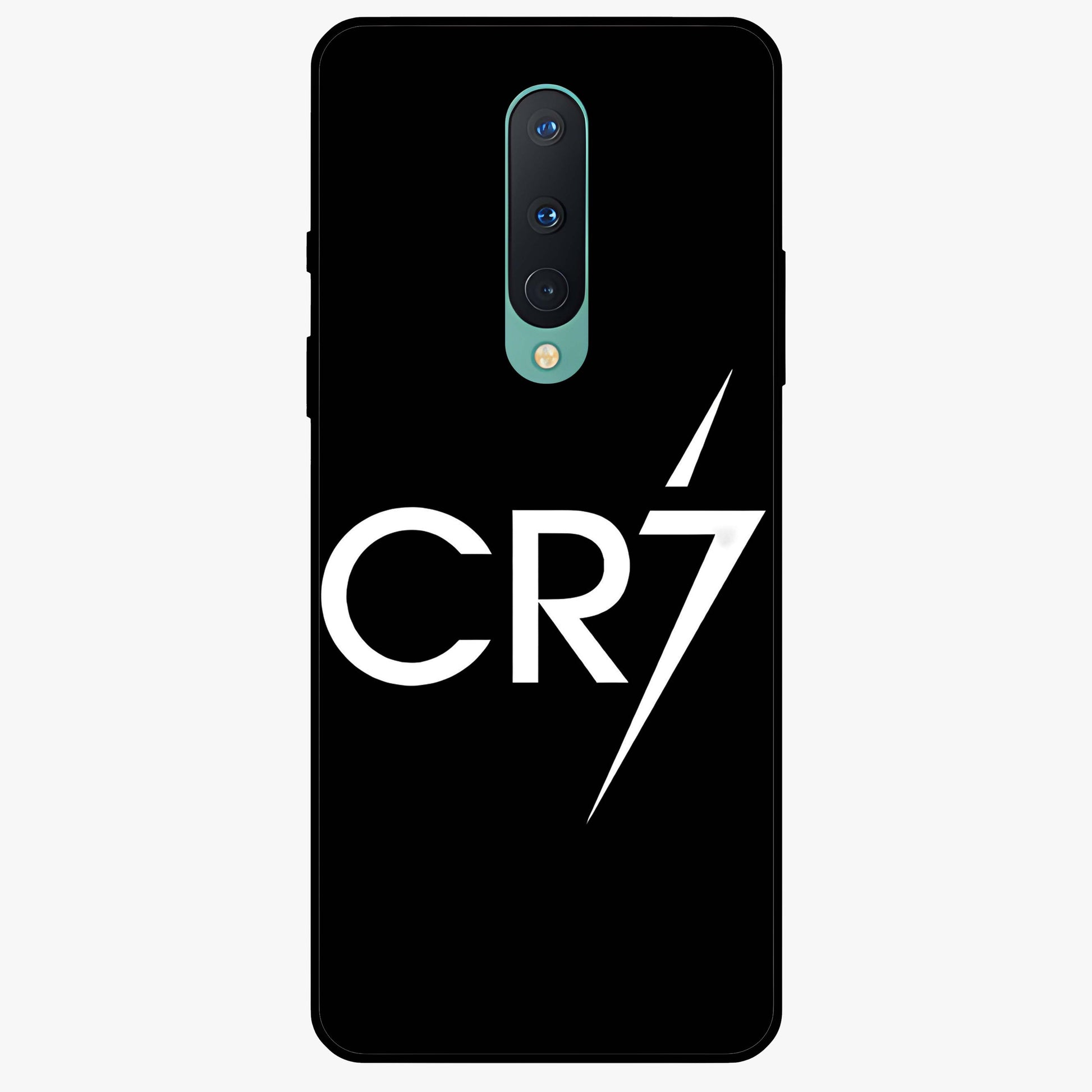 Cr7 Elite Strike Glass Case showing flat back view with dynamic football inspired artwork and glossy glass finish.