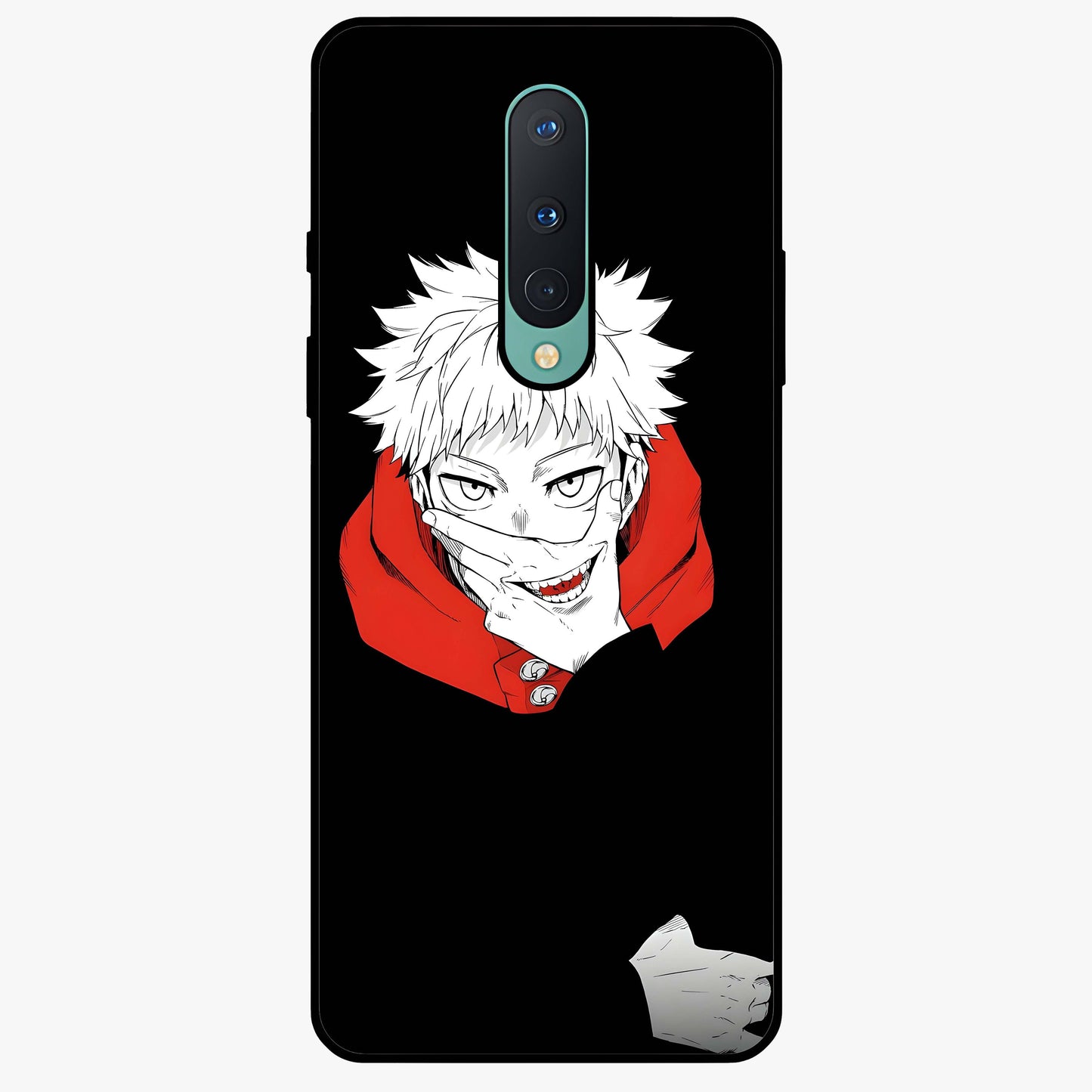 Crimson Chaos Smile Glass Case showing flat back view with bold chaotic smile artwork and glossy glass finish.