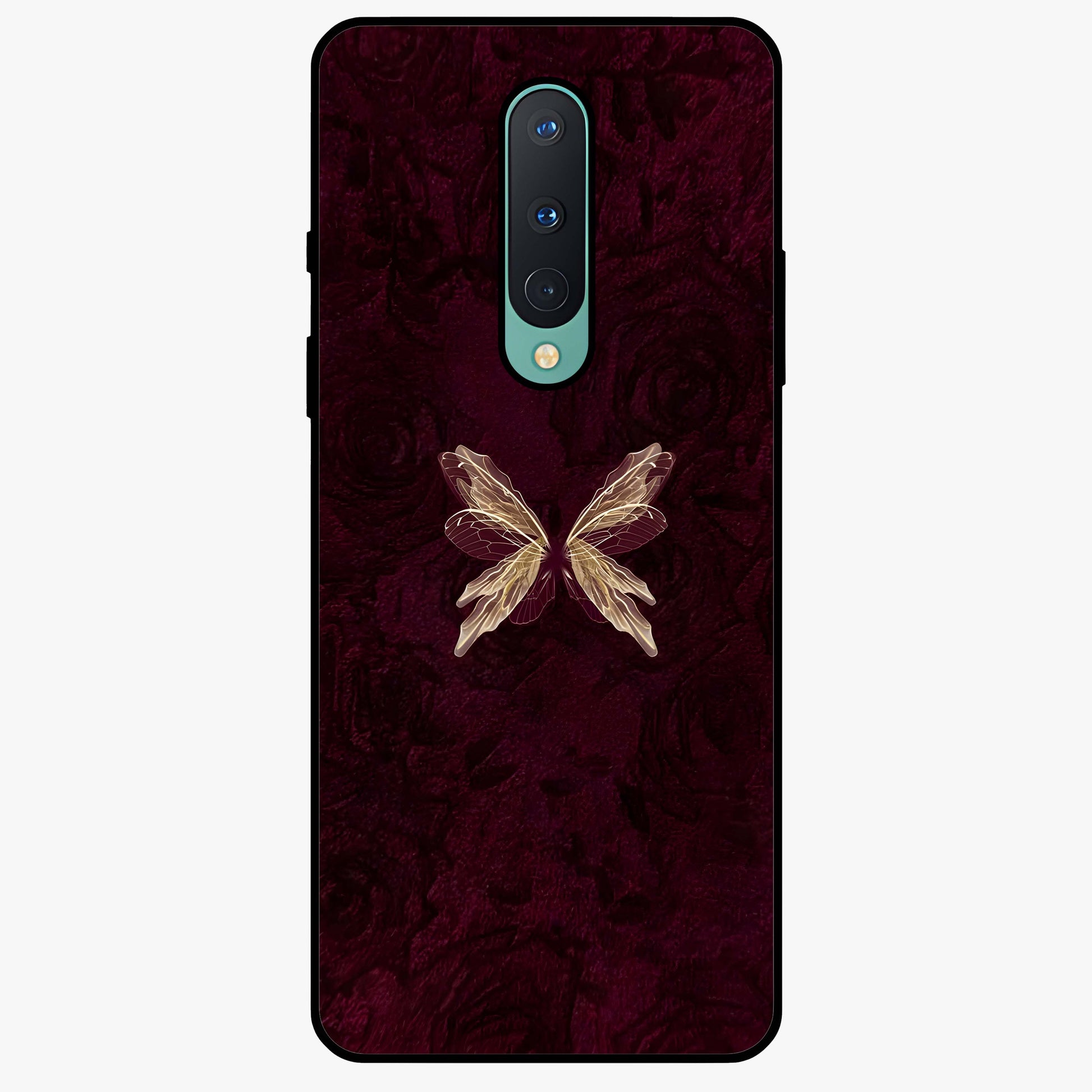 Crimson Fade Butterfly Glass Case showing flat back view with fading butterfly artwork and glossy glass finish.