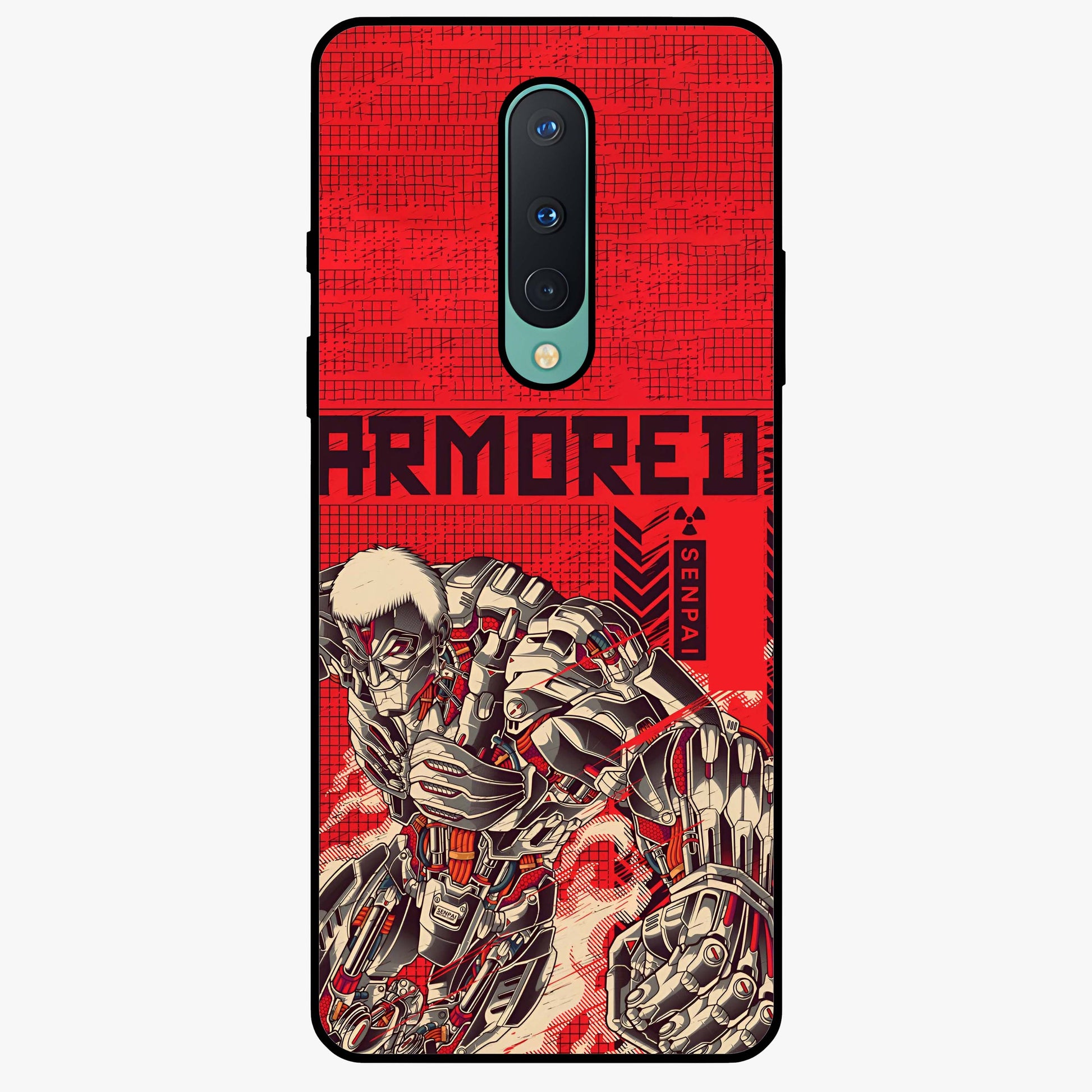 Crimson Mecha Titan Glass Case showing flat back view with powerful mech titan artwork and glossy glass finish.