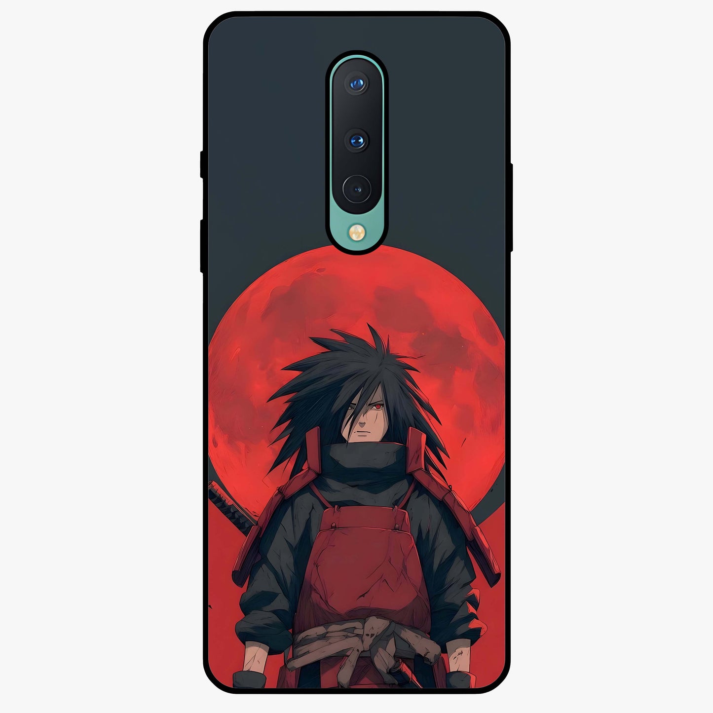 Crimson Moon Warlord Glass Case showing flat back view with mystical moon warrior artwork and glossy glass finish.
