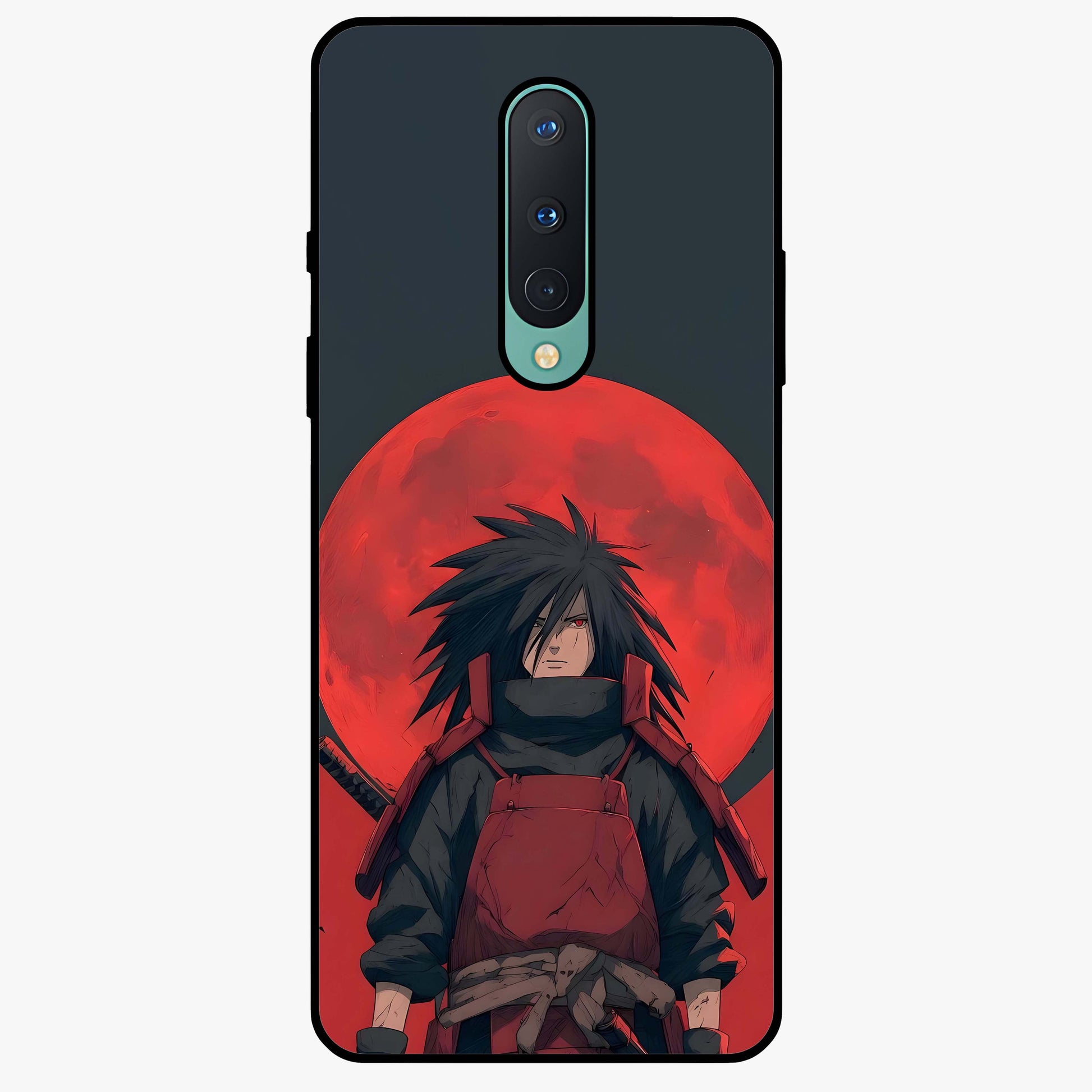 Crimson Moon Warlord Glass Case showing flat back view with mystical moon warrior artwork and glossy glass finish.
