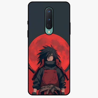 Crimson Moon Warlord Glass Case showing flat back view with mystical moon warrior artwork and glossy glass finish.