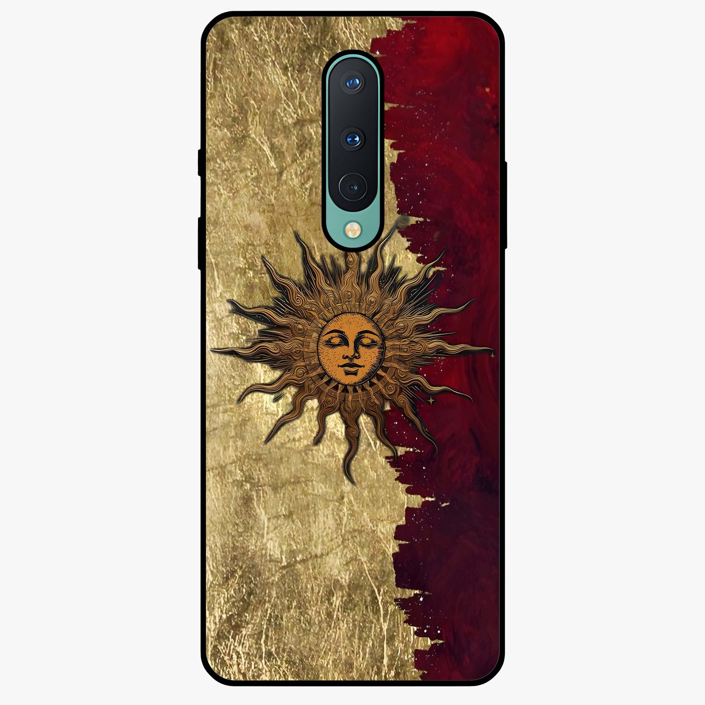 Crimson Sun Majesty Glass Case showing flat back view with radiant sun inspired artwork and glossy glass finish.