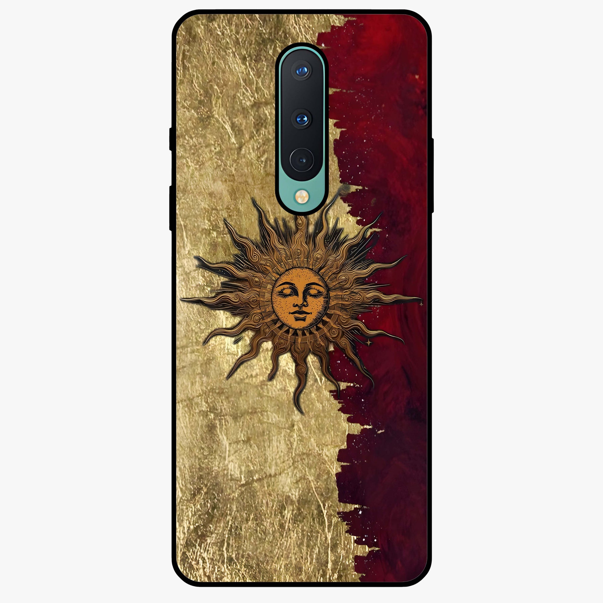 Crimson Sun Majesty Glass Case showing flat back view with radiant sun inspired artwork and glossy glass finish.