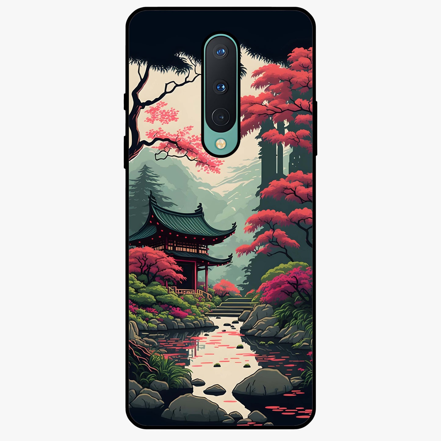 Crimson Temple View Glass Case showing flat back view with temple inspired artwork and glossy glass finish.