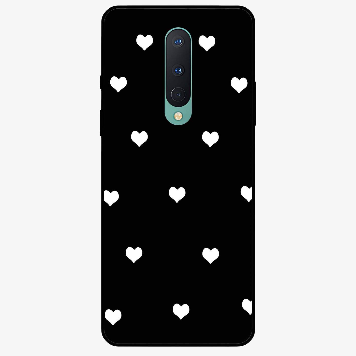 Cute And Simple White Hearts Glass Case showing flat back view with minimal white heart pattern and glossy glass finish.